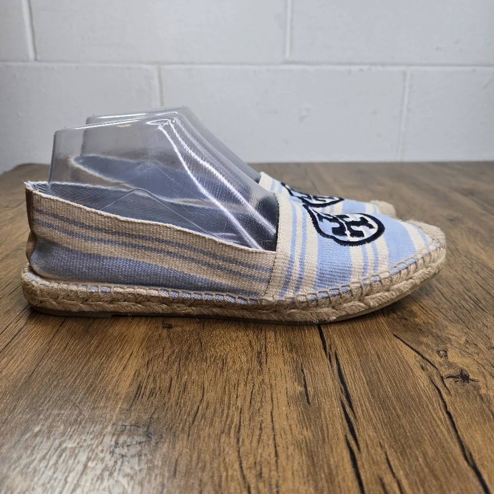 Tory Burch Striped Cream Blue Double T Espadrille Flats